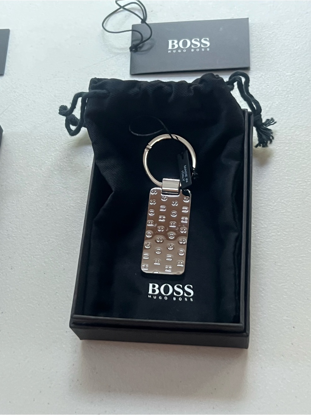 Hugo Boss Silver Logo-Pattern Metal Keyring